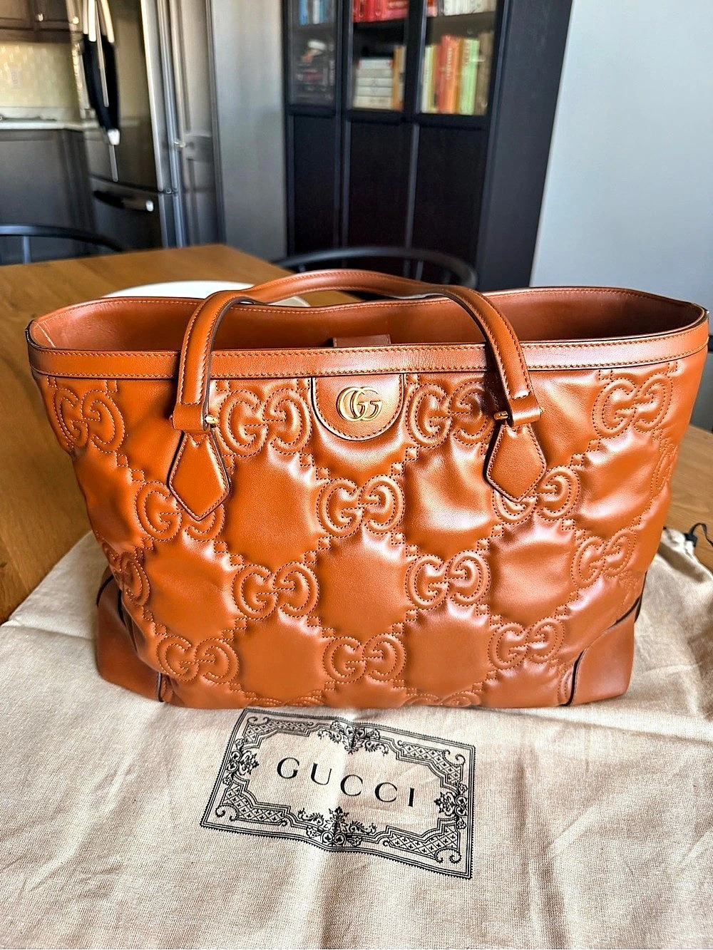Gucci GG Matelassé Medium Ophidia Tote Brown Leather